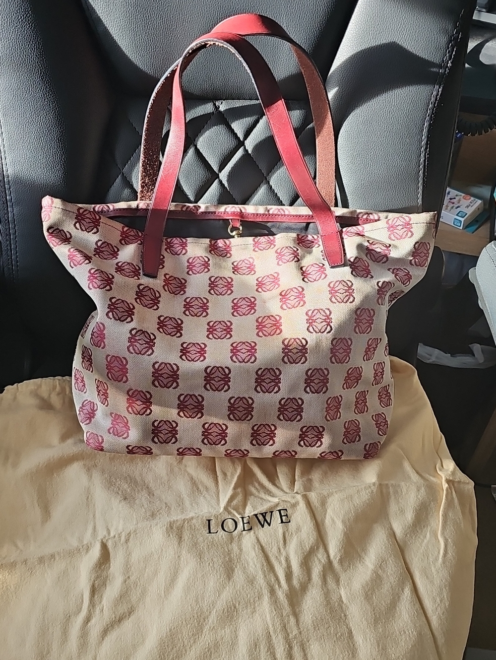 Loewe Maroon Anagram Canvas Tote with Maroon Leather Straps